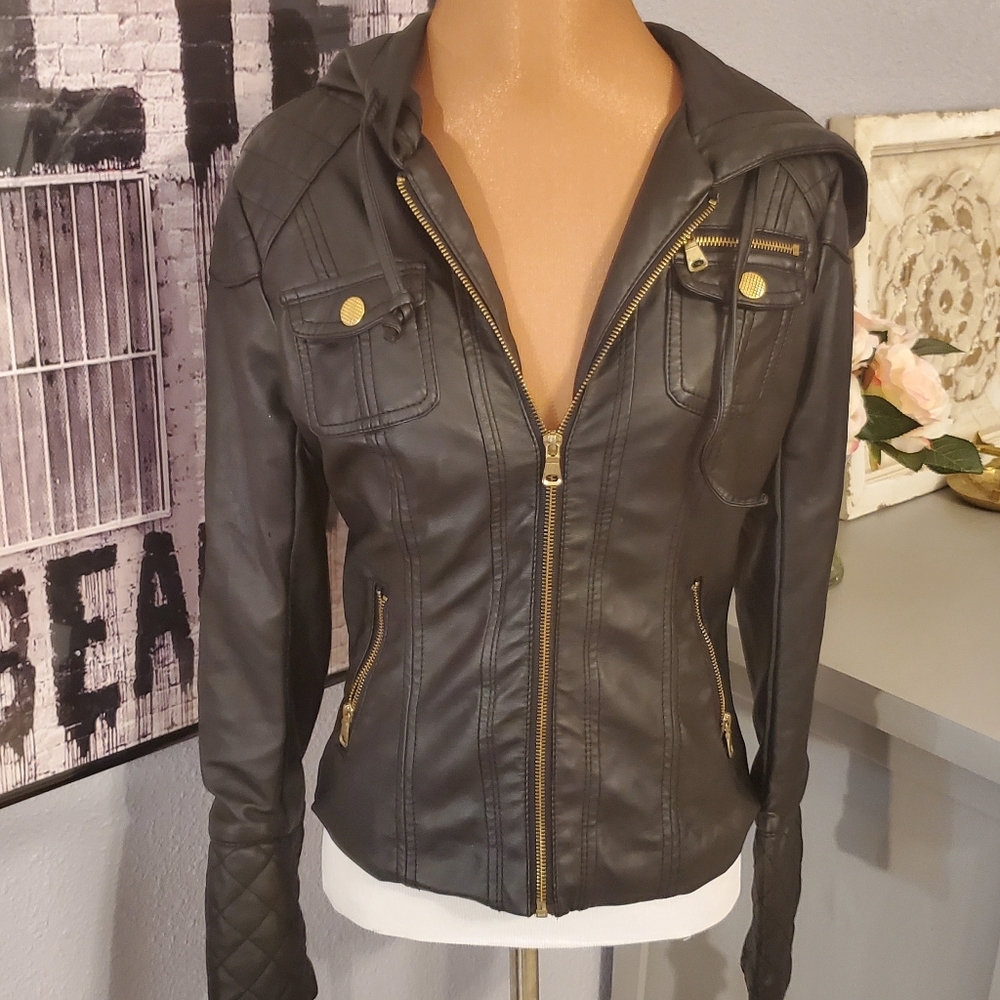 Hooded Faux Leather Jacket Sz Sm - Picture 2 of 8